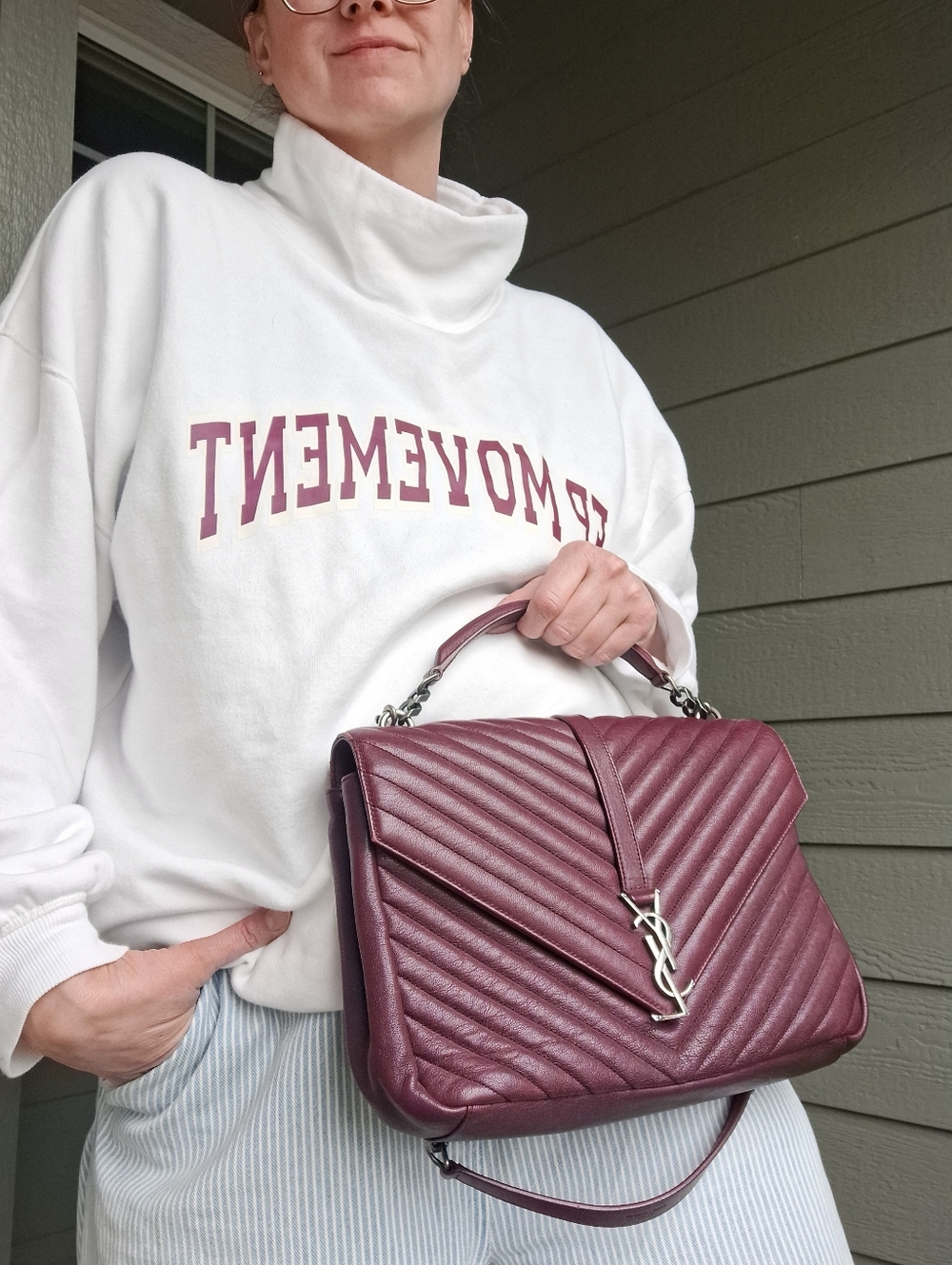 Saint Laurent YSL Chevron College Bag Burgundy Aged Black Hardware Large Size - Picture 1 of 16